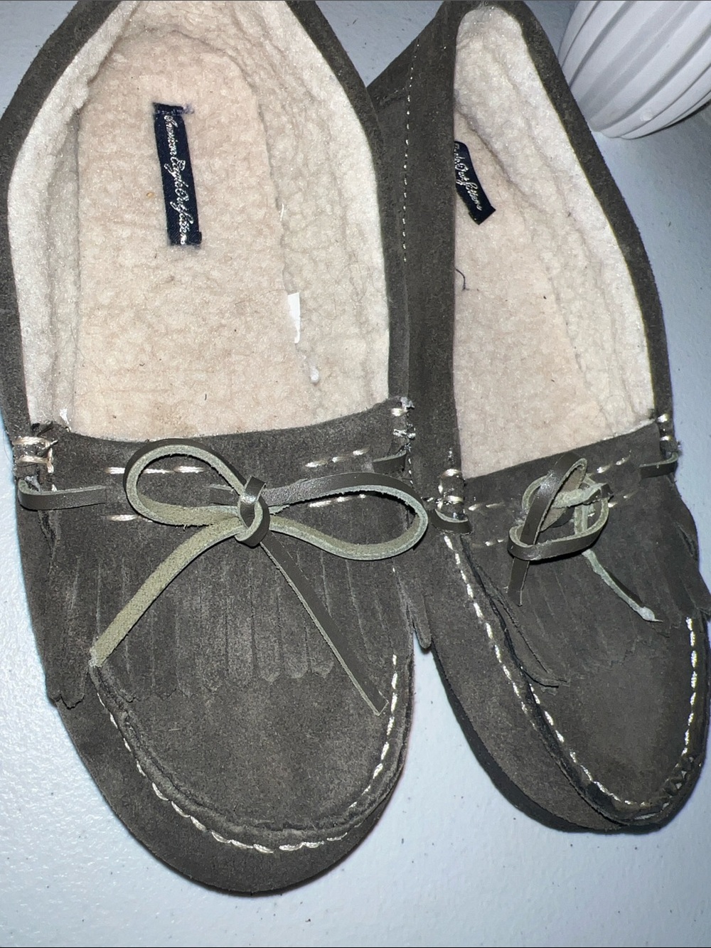 American Eagle Outfitters Olive Suede Fuzzy Lined Slip-Ons